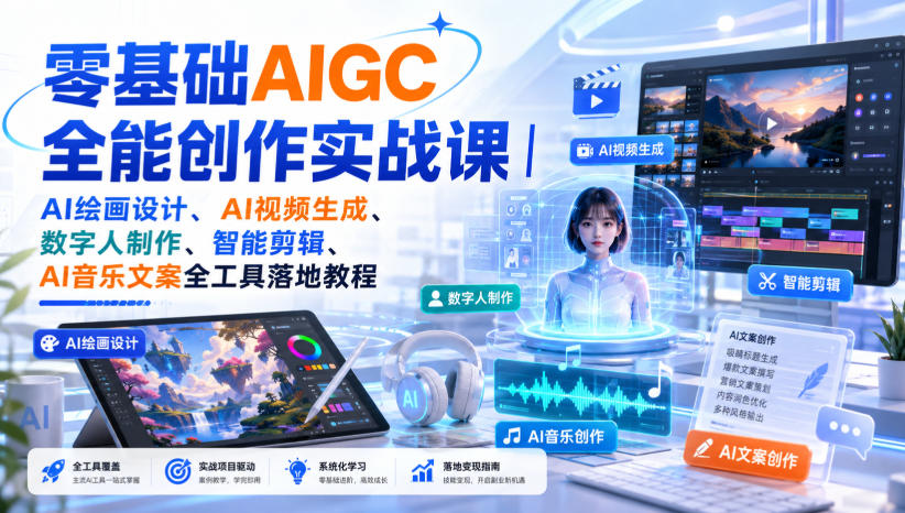 零基础AIGC全能创作实战课｜AI绘画设计、AI视频生成、数字人制作、智能剪辑、AI音乐文案全工具落地教程网创吧-网创项目资源站-副业项目-创业项目-搞钱项目网创吧