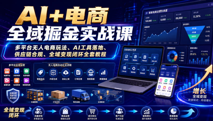 AI+电商全域掘金实战课|多平台无人电商玩法、AI工具落地、供应链合规、全域变现闭环全套教程网创吧-网创项目资源站-副业项目-创业项目-搞钱项目网创吧