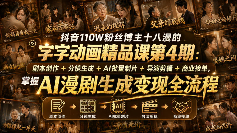抖音110W粉丝博主十八漫的字字动画精品课第4期：剧本创作+分镜生成+剪辑+商业接单，掌握AI漫剧生成变现全流程网创吧-网创项目资源站-副业项目-创业项目-搞钱项目网创吧