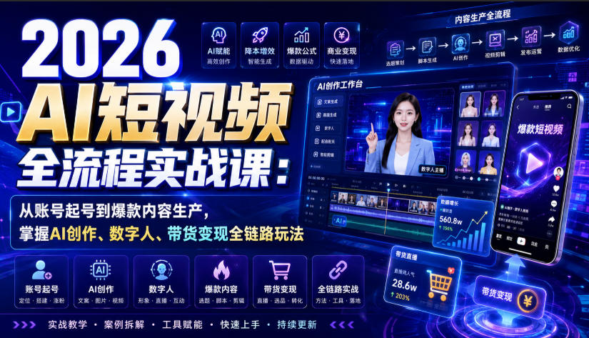 2026 AI短视频全流程实战课:从账号起号到爆款内容生产,掌握AI创作、数字人、带货变现全链路玩法网创吧-网创项目资源站-副业项目-创业项目-搞钱项目网创吧
