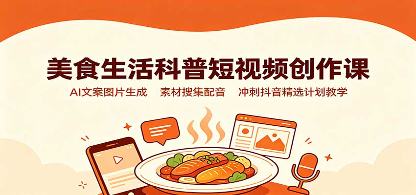美食生活科普短视频创作课:AI文案图片生成,素材搜集配音,冲刺抖音精选计划教学网创吧-网创项目资源站-副业项目-创业项目-搞钱项目网创吧