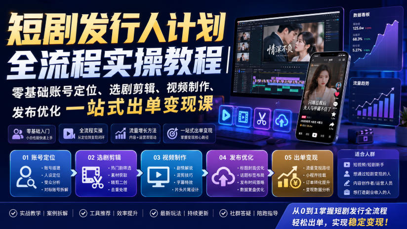 短剧发行人计划全流程实操教程|零基础账号定位、选剧剪辑、视频制作、发布优化一站式出单变现课网创吧-网创项目资源站-副业项目-创业项目-搞钱项目网创吧