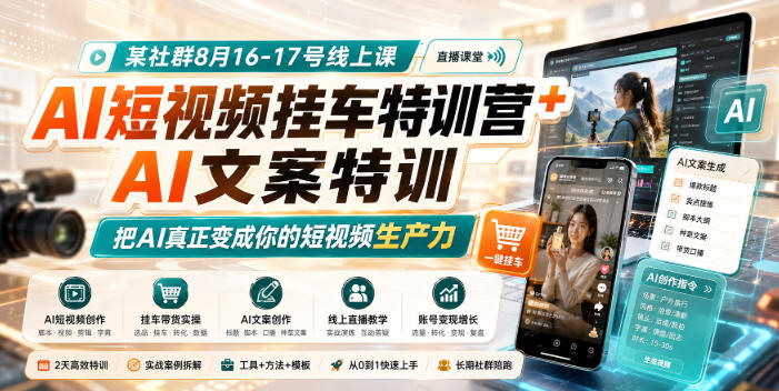 某社群8月16-17号线上课,AI短视频挂车特训营+AI文案特训,把AI真正变成你的短视频生产力网创吧-网创项目资源站-副业项目-创业项目-搞钱项目网创吧