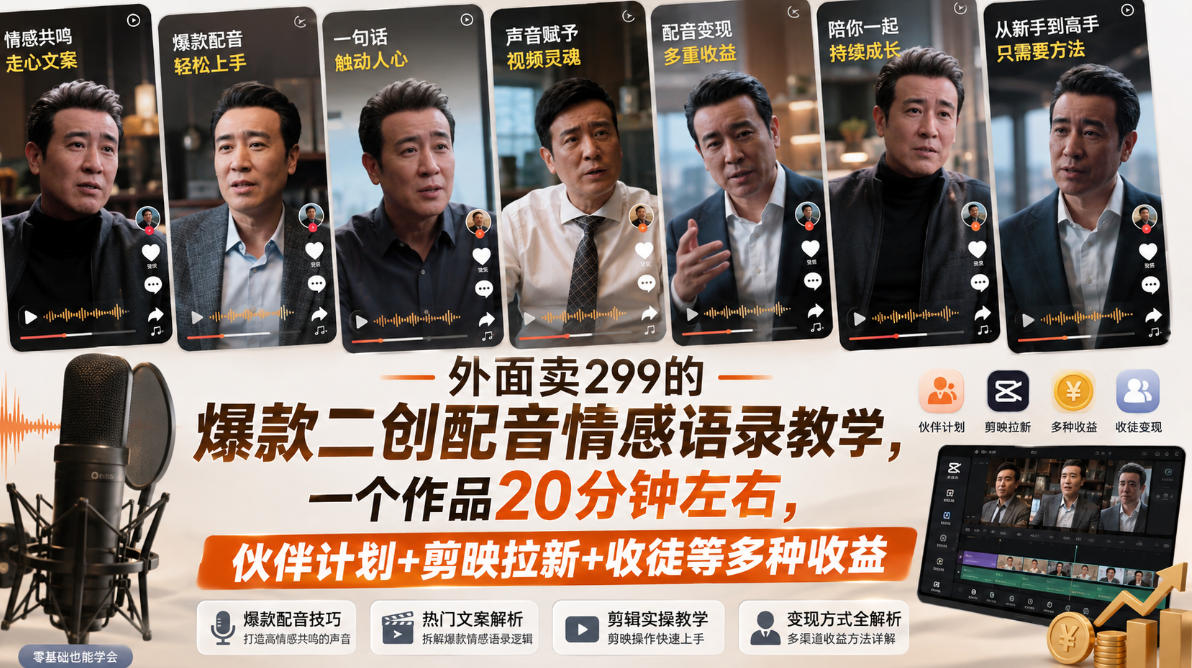 外面卖299的爆款二创配音情感语录教学,一个作品20分钟左右,伙伴计划+剪映拉新+收徒等多种收益网创吧-网创项目资源站-副业项目-创业项目-搞钱项目网创吧