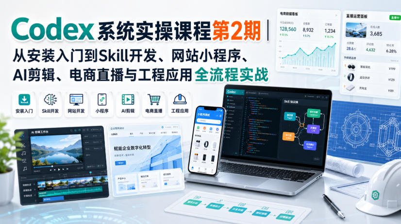 Codex系统实操课程第2期｜从安装入门到Skill开发、网站小程序、AI剪辑、电商直播与工程应用全流程实战网创吧-网创项目资源站-副业项目-创业项目-搞钱项目网创吧
