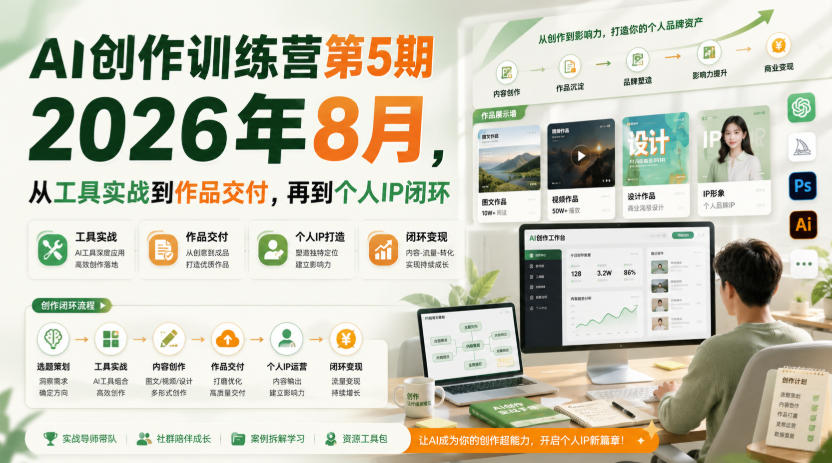 AI创作训练营第5期2026年8月,从工具实战到作品交付,再到个人IP闭环网创吧-网创项目资源站-副业项目-创业项目-搞钱项目网创吧