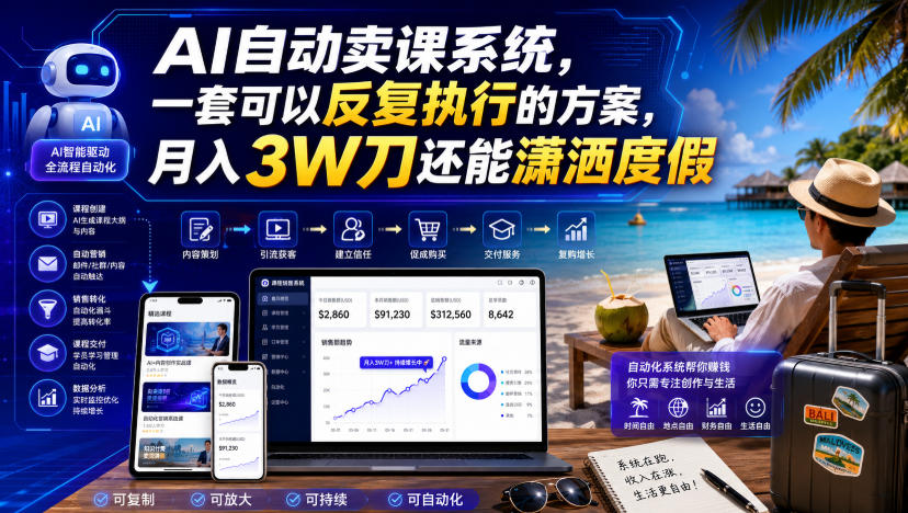 AI自动卖课系统，一套可以反复执行的方案，月入3W刀还能潇洒度假【原创双语字幕】网创吧-网创项目资源站-副业项目-创业项目-搞钱项目网创吧