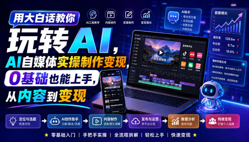 用大白话教你玩转AI,AI自媒体实操制作变现,0基础也能上手,从内容到变现网创吧-网创项目资源站-副业项目-创业项目-搞钱项目网创吧