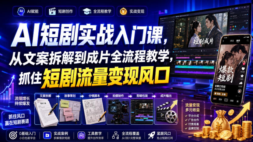 AI短剧实战入门课,从文案拆解到成片全流程教学,抓住短剧流量变现风口网创吧-网创项目资源站-副业项目-创业项目-搞钱项目网创吧