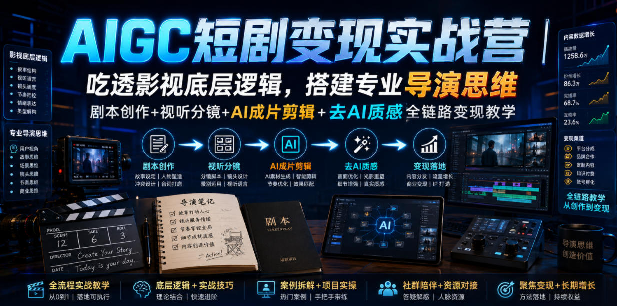 AIGC短剧变现实战营|吃透影视底层逻辑,搭建专业导演思维,剧本创作+视听分镜+AI成片剪辑+去AI质感全链路变现教学网创吧-网创项目资源站-副业项目-创业项目-搞钱项目网创吧