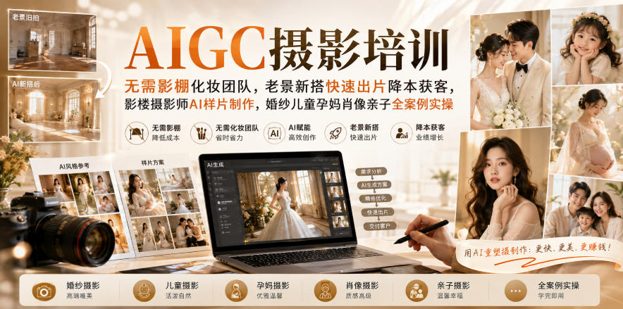 AIGC摄影培训｜无需影棚化妆团队，老景新搭快速出片降本获客，影楼摄影师AI样片制作，婚纱儿童孕妈肖像亲子全案例实操网创吧-网创项目资源站-副业项目-创业项目-搞钱项目网创吧
