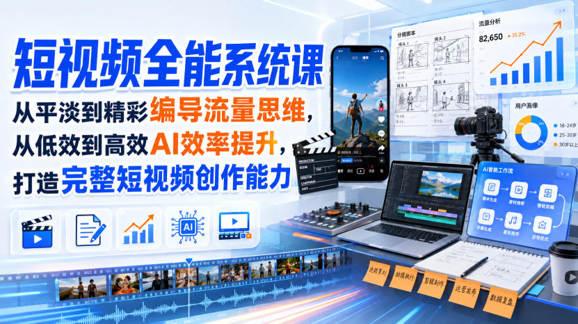 短视频全能系统课,从平淡到精彩编导流量思维,从低效到高效AI效率提升,打造完整短视频创作能力(2026年8月30更新233集)网创吧-网创项目资源站-副业项目-创业项目-搞钱项目网创吧