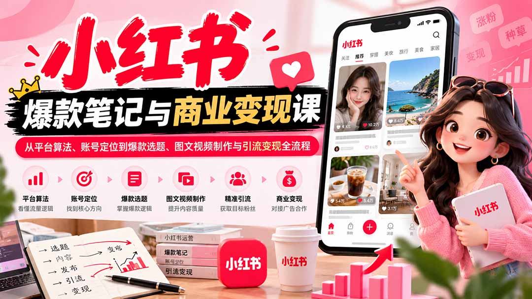 (20709期)2026小红书爆款笔记与商业变现课:从平台算法、账号定位到爆款选题、图文视频制作与引流变现全流程网创吧-网创项目资源站-副业项目-创业项目-搞钱项目网创吧