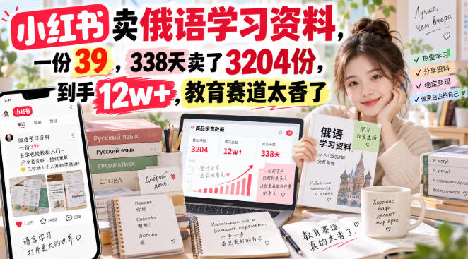 小红书卖俄语学习资料,一份39,338天卖了3204份,到手12w+,教育赛道太香了网创吧-网创项目资源站-副业项目-创业项目-搞钱项目网创吧