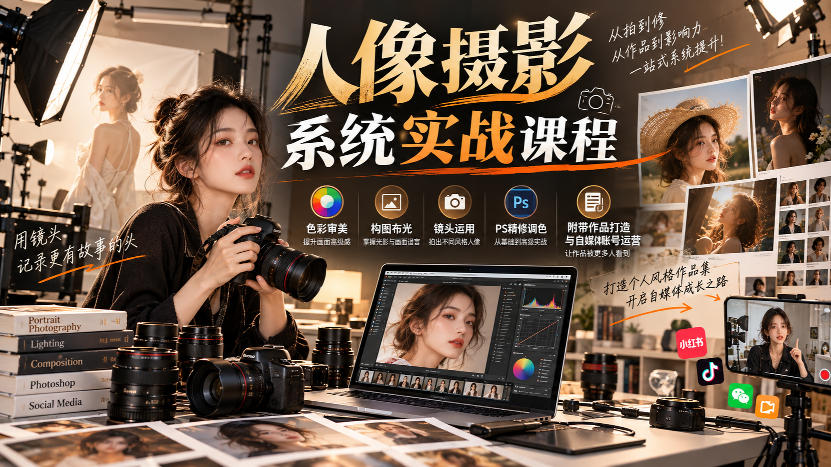 【无水印】人像摄影系统实战课程,色彩审美、构图布光、镜头运用、PS精修调色,附带作品打造与自媒体账号运营网创吧-网创项目资源站-副业项目-创业项目-搞钱项目网创吧