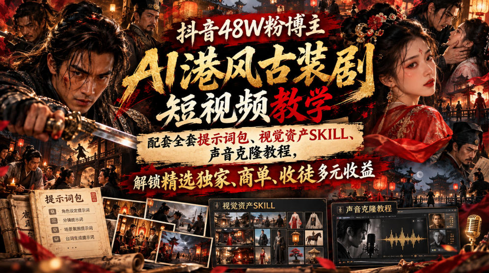 抖音48W粉博主AI港风古装剧短视频教学,配套全套提示词包、视觉资产SKILL、声音克隆教程,解锁精选独家、商单、收徒多元收益网创吧-网创项目资源站-副业项目-创业项目-搞钱项目网创吧