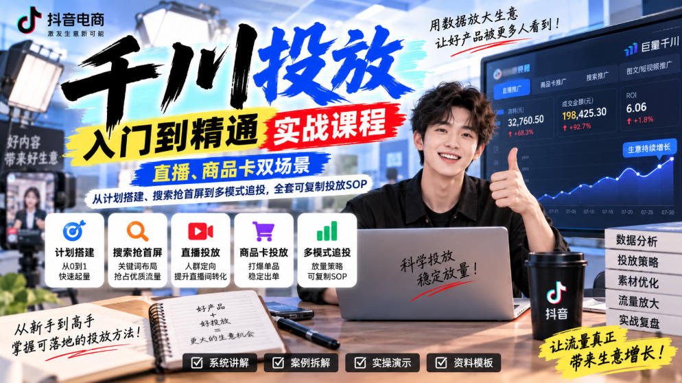 千川投放入门到精通实战课程,直播、商品卡双场景,从计划搭建、搜索抢首屏到多模式追投,全套可复制投放SOP网创吧-网创项目资源站-副业项目-创业项目-搞钱项目网创吧