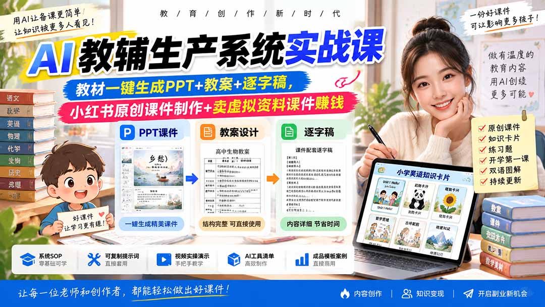 (20583期)AI教辅生产系统实战课-更新0922|教材一键生成PPT+教案+逐字稿,小红书原创课件制作+卖虚拟资料课件赚钱网创吧-网创项目资源站-副业项目-创业项目-搞钱项目网创吧