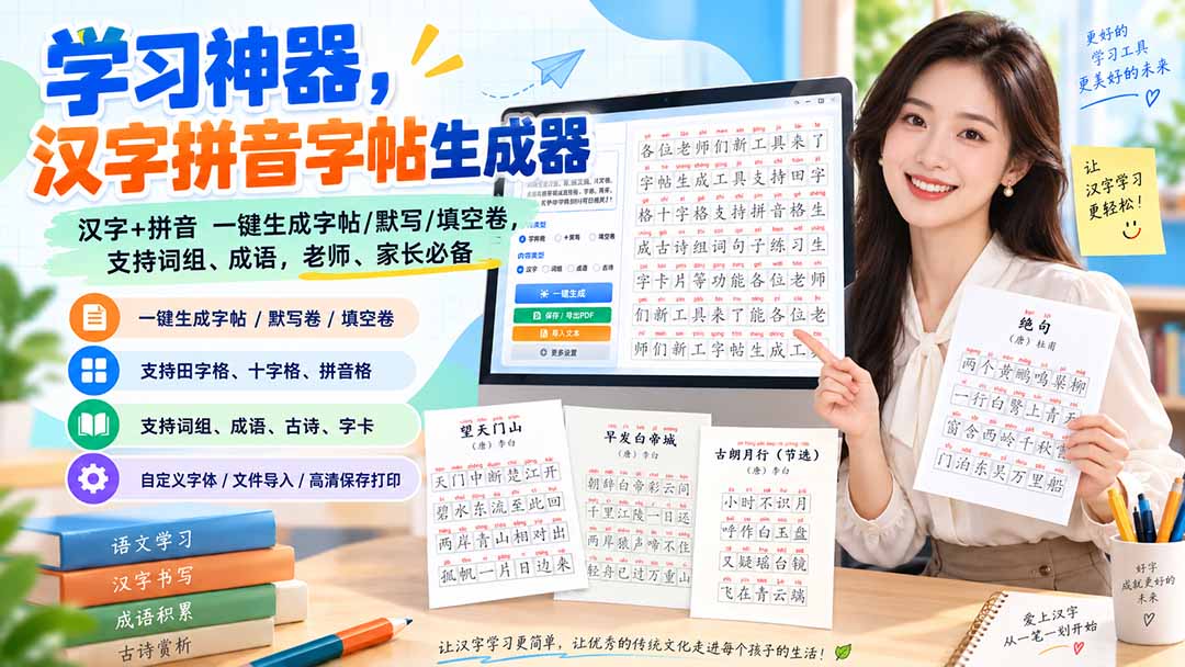 (20299期)学习神器,汉字拼音字帖生成器,汉字+拼音 一键生成字帖/默写/填空卷,支持词组、成语,老师、家长必备网创吧-网创项目资源站-副业项目-创业项目-搞钱项目网创吧