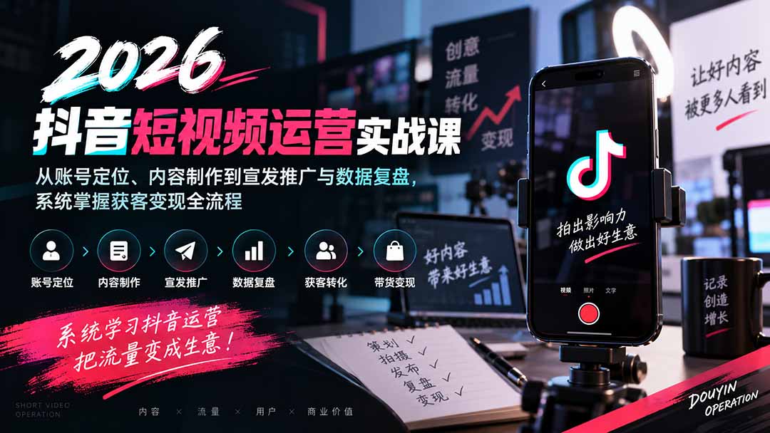 (20406期)2026抖音短视频运营实战课:从账号定位、内容制作到宣发推广与数据复盘,系统掌握获客变现全流程网创吧-网创项目资源站-副业项目-创业项目-搞钱项目网创吧