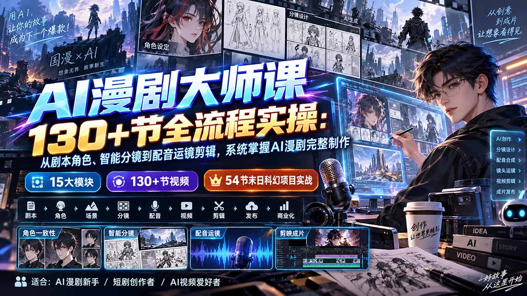 （20326期）AI漫剧大师课130+节全流程实操：从剧本角色、智能分镜到配音运镜剪辑，系统掌握AI漫剧完整制作网创吧-网创项目资源站-副业项目-创业项目-搞钱项目网创吧