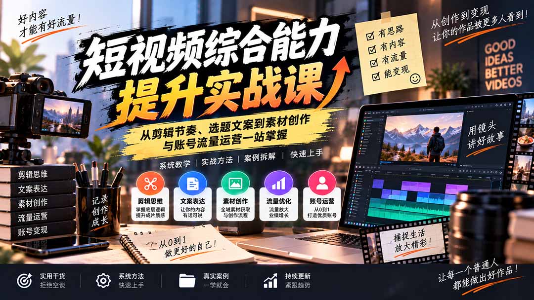 (20599期)短视频综合能力提升实战课:从剪辑节奏、选题文案到素材创作与账号流量运营一站掌握网创吧-网创项目资源站-副业项目-创业项目-搞钱项目网创吧