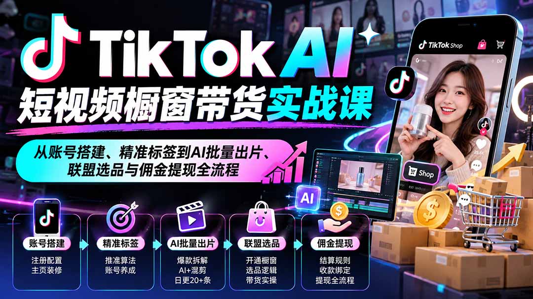 (20725期)TikTok AI短视频橱窗带货实战课:从账号搭建、精准标签到AI批量出片、联盟选品与佣金提现全流程网创吧-网创项目资源站-副业项目-创业项目-搞钱项目网创吧