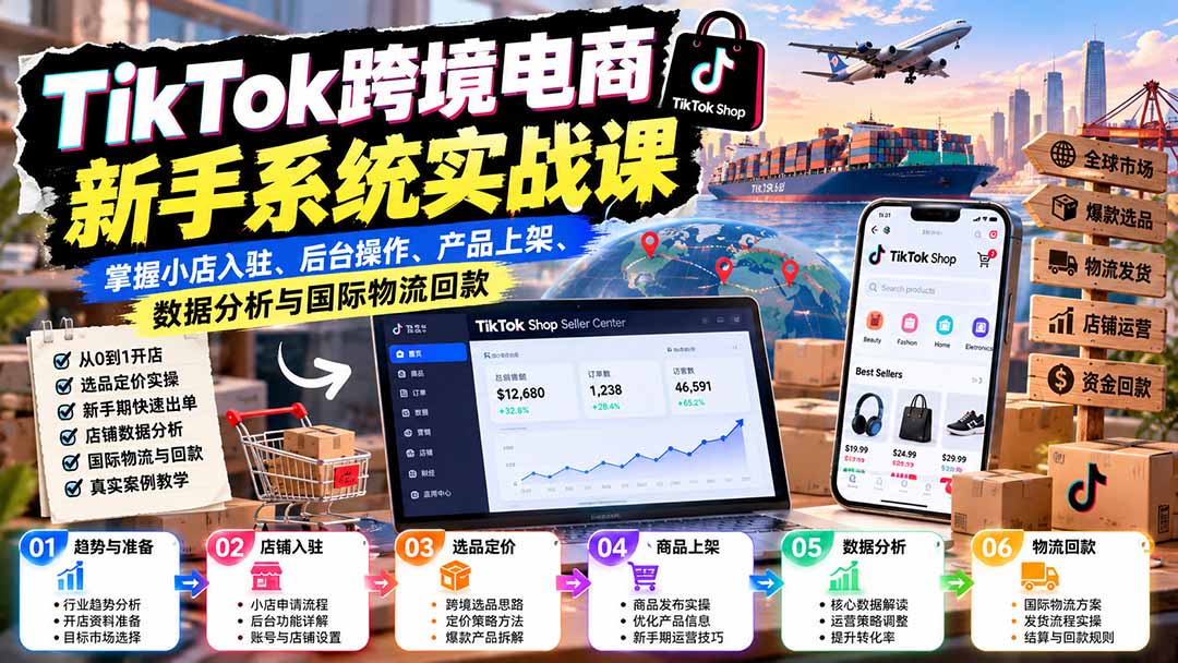 (20672期)TikTok跨境电商新手系统实战课:掌握小店入驻、后台操作、产品上架、数据分析与国际物流回款网创吧-网创项目资源站-副业项目-创业项目-搞钱项目网创吧