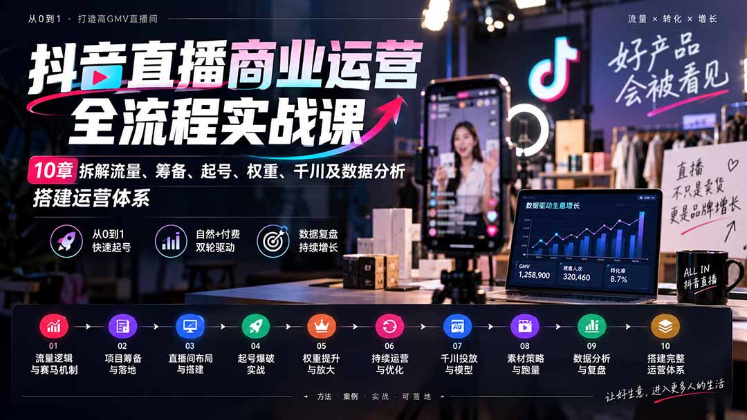 (20407期)抖音直播商业运营全流程实战课:10章拆解流量、筹备、起号、权重、千川及数据分析,搭建运营体系网创吧-网创项目资源站-副业项目-创业项目-搞钱项目网创吧
