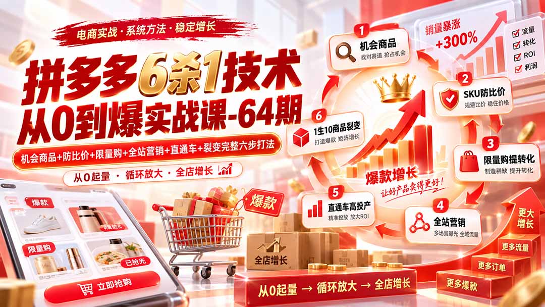 (20315期)拼多多6杀1技术从0到爆实战课-64期:机会商品+防比价+限量购+全站营销+直通车+裂变完整六步打法网创吧-网创项目资源站-副业项目-创业项目-搞钱项目网创吧