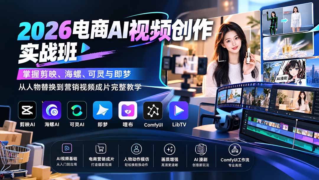 (20466期)2026电商AI视频创作实战班:掌握剪映、海螺、可灵与即梦,从人物替换到营销视频成片完整教学网创吧-网创项目资源站-副业项目-创业项目-搞钱项目网创吧