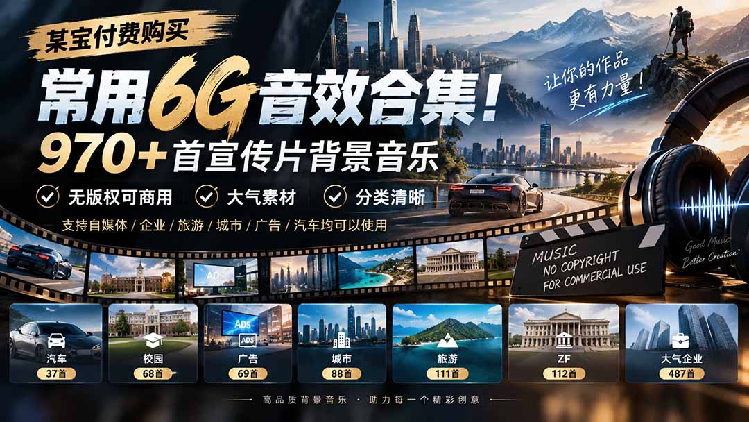 (20603期)某宝付费购买,常用6G音效合集!970+首宣传片背景音乐,无版权可商用大气素材,分类清晰网创吧-网创项目资源站-副业项目-创业项目-搞钱项目网创吧