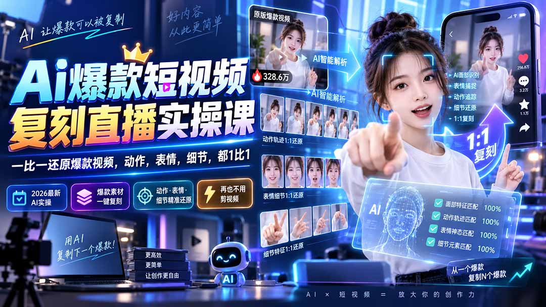 (20304期)最新Ai爆款短视频复刻直播实操课,一比一还原爆款视频,动作,表情,细节,都1比1网创吧-网创项目资源站-副业项目-创业项目-搞钱项目网创吧