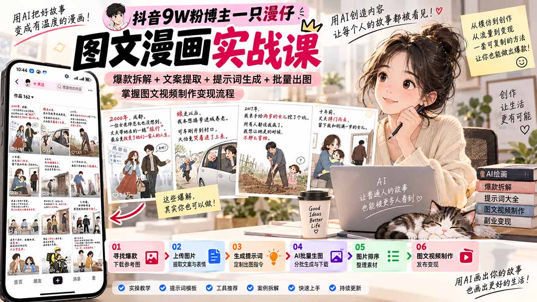 (20584期)抖音9W粉博主一只漫仔图文漫画课:爆款拆解+文案提取+提示词生成+批量出图,掌握图文视频制作变现流程网创吧-网创项目资源站-副业项目-创业项目-搞钱项目网创吧