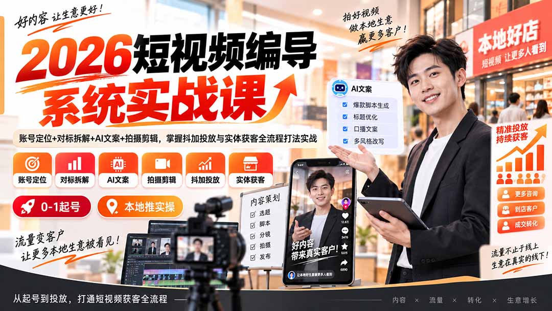 (20305期)2026短视频编导系统实战课:账号定位+对标拆解+AI文案+拍摄剪辑,掌握抖加投放与实体获客全流程打法实战网创吧-网创项目资源站-副业项目-创业项目-搞钱项目网创吧