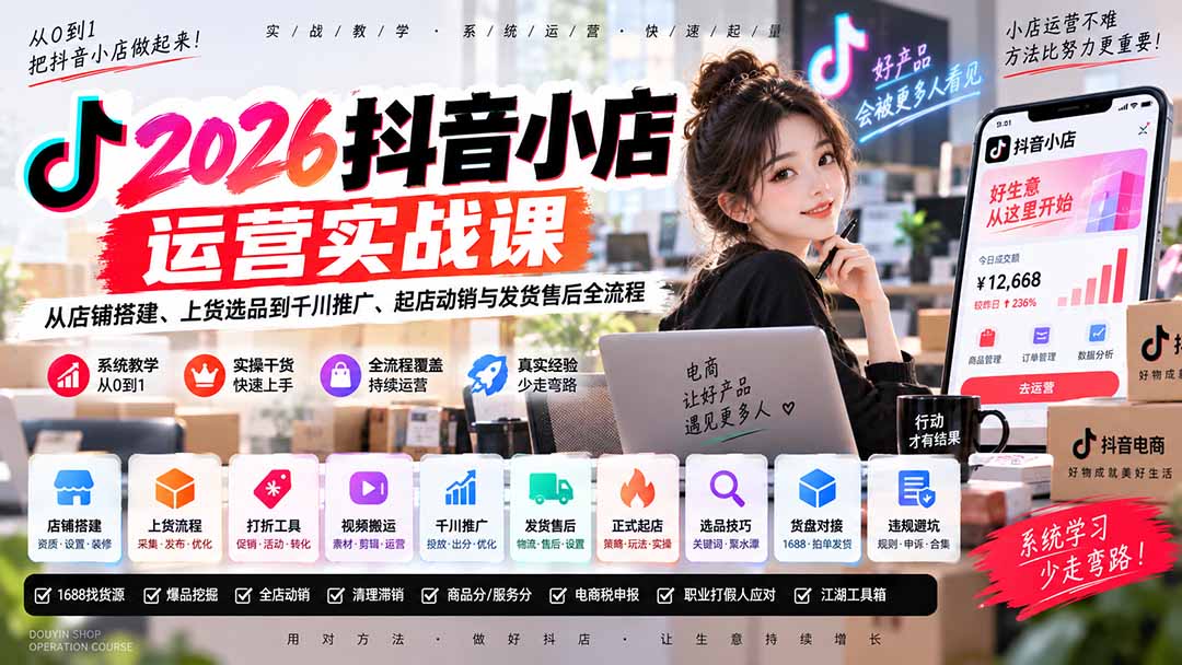（20568期）2026抖音小店运营实战课｜从店铺搭建、上货选品到千川推广、起店动销与发货售后全流程网创吧-网创项目资源站-副业项目-创业项目-搞钱项目网创吧