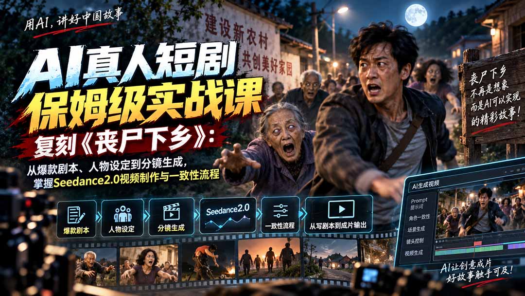 (20359期)AI真人短剧保姆级实战课,复刻《丧尸下乡》:从爆款剧本、人物设定到分镜生成,掌握Seedance2.0视频制作与一致性流程网创吧-网创项目资源站-副业项目-创业项目-搞钱项目网创吧