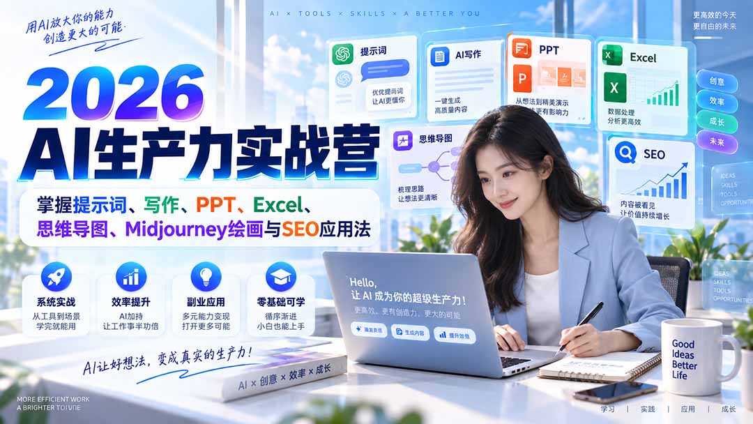 (20307期)2026AI生产力实战营:掌握提示词、写作、PPT、Excel、思维导图、Midjourney绘画与SEO应用法网创吧-网创项目资源站-副业项目-创业项目-搞钱项目网创吧