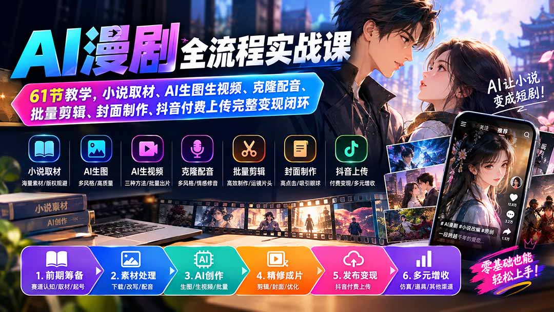 (20199期)AI漫剧全流程实战课|61节教学,小说取材、AI生图生视频、克隆配音、批量剪辑、封面制作、抖音付费上传完整变现闭环网创吧-网创项目资源站-副业项目-创业项目-搞钱项目网创吧