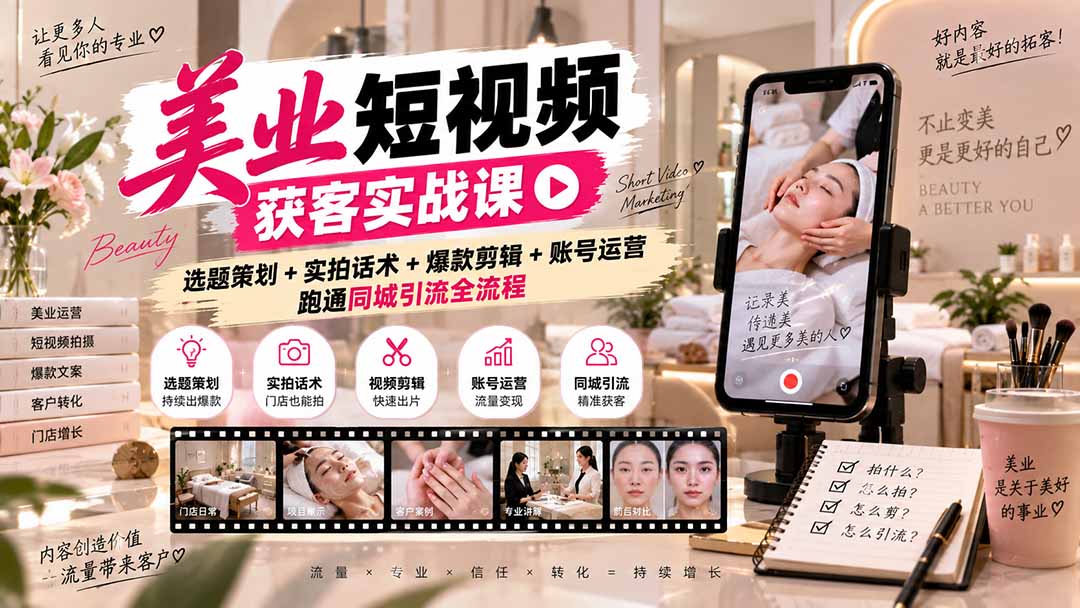 (20586期)美业短视频获客实战课-无水印:选题策划+实拍话术+爆款剪辑+账号运营,跑通同城引流全流程网创吧-网创项目资源站-副业项目-创业项目-搞钱项目网创吧