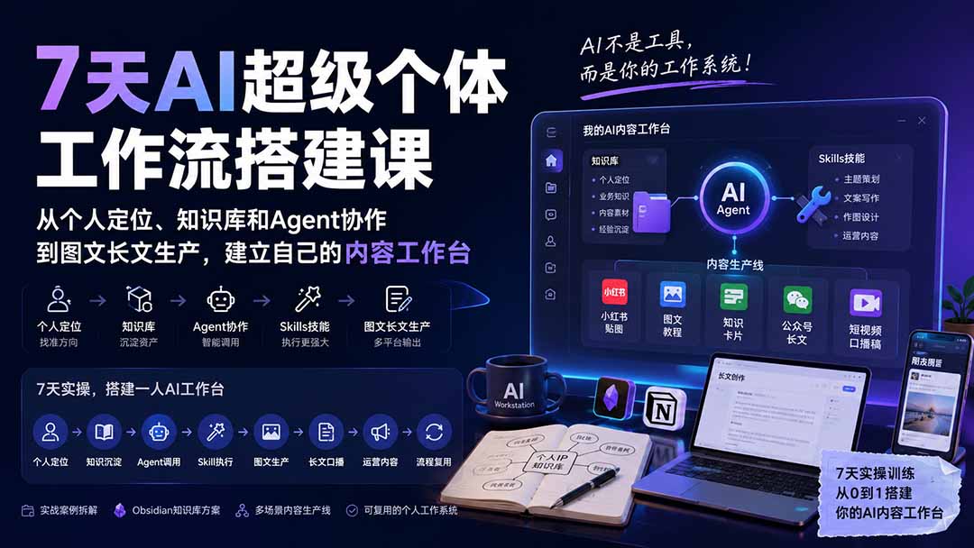 (20190期)7天AI超级个体工作流搭建课:从个人定位、知识库和Agent协作到图文长文生产,建立自己的内容工作台网创吧-网创项目资源站-副业项目-创业项目-搞钱项目网创吧