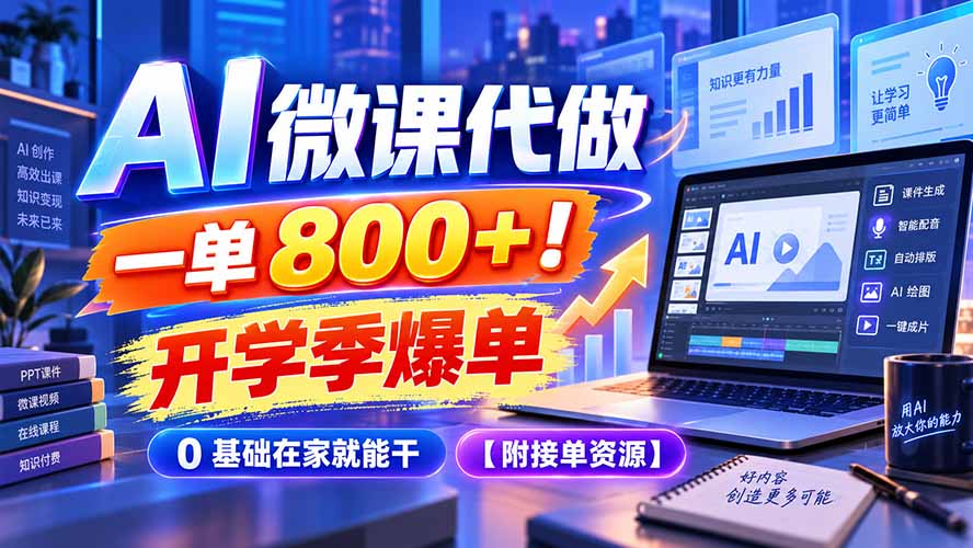 （20605期）AI 微课代做，一单 800+！开学季爆单，0 基础在家就能干【附接单资源】网创吧-网创项目资源站-副业项目-创业项目-搞钱项目网创吧