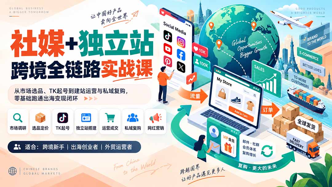 (20361期)社媒+独立站跨境全链路实战课:从市场选品、TK起号到建站运营与私域复购,零基础跑通出海变现闭环网创吧-网创项目资源站-副业项目-创业项目-搞钱项目网创吧