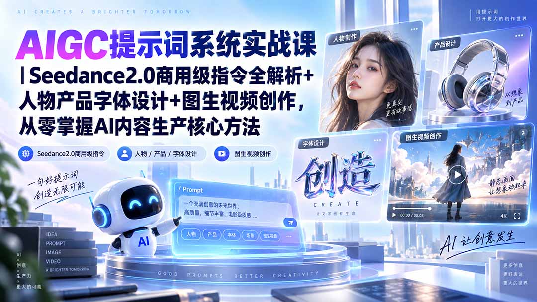 (20559期)AIGC提示词系统实战课-无水印|Seedance2.0商用级指令全解析+人物产品字体设计+图生视频创作,掌握AI内容生产方法网创吧-网创项目资源站-副业项目-创业项目-搞钱项目网创吧