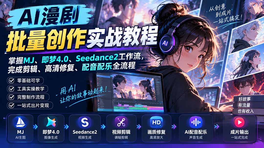 (20488期)AI漫剧批量创作实战教程:掌握MJ、即梦4.0、Seedance2工作流,完成剪辑、高清修复、配音配乐全流程网创吧-网创项目资源站-副业项目-创业项目-搞钱项目网创吧