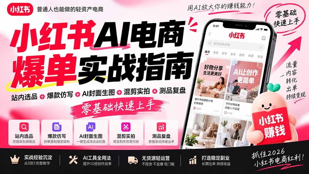 (20516期)2026小红书AI电商爆单实战指南:站内选品+爆款仿写+AI封面生图+混剪实拍+测品复盘,零基础快速上手网创吧-网创项目资源站-副业项目-创业项目-搞钱项目网创吧