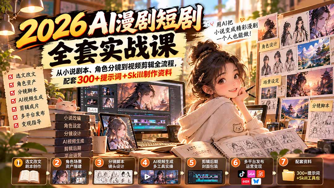 (20629期)2026AI漫剧短剧全套实战课:从小说剧本、角色分镜到视频剪辑全流程,配套300+提示词+Skill制作资料网创吧-网创项目资源站-副业项目-创业项目-搞钱项目网创吧