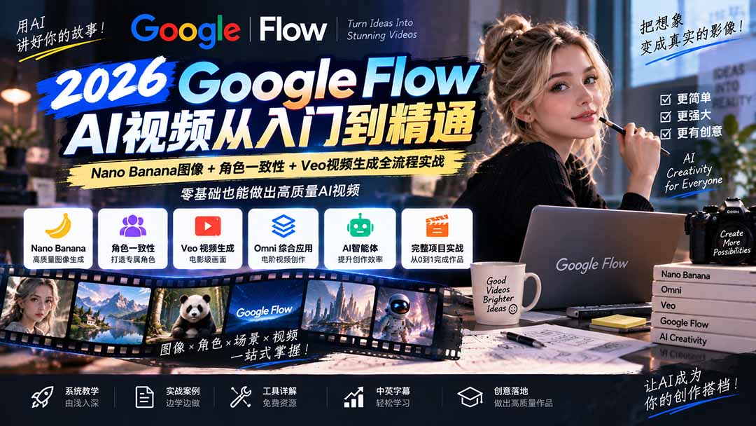 (20608期)【无水印】Google Flow AI视频从入门到精通:Nano Banana图像+角色一致性+Veo视频生成全流程实战-精翻中英字幕网创吧-网创项目资源站-副业项目-创业项目-搞钱项目网创吧