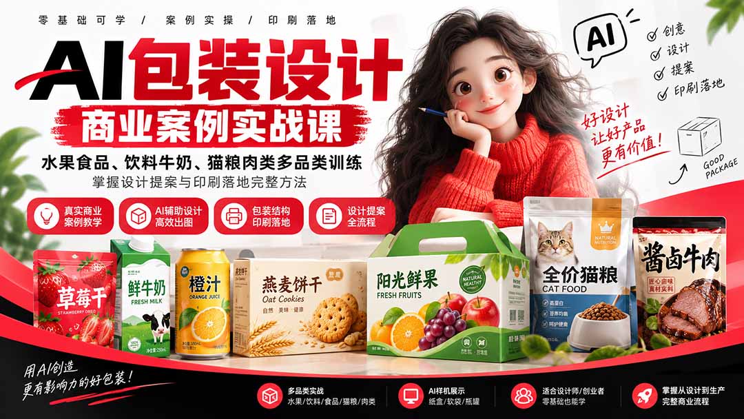 （20387期）AI包装设计商业案例实战课：水果食品、饮料牛奶、猫粮肉类多品类训练，掌握设计提案与印刷落地完整方法网创吧-网创项目资源站-副业项目-创业项目-搞钱项目网创吧
