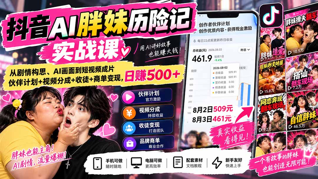 (20489期)抖音AI胖妹历险记实战课:从剧情构思、AI画面到短视频成片,伙伴计划+视频分成+收徒+商单变现,日赚500+网创吧-网创项目资源站-副业项目-创业项目-搞钱项目网创吧